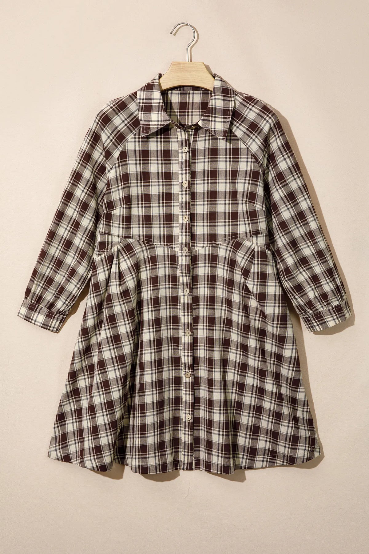 Plaid Long Sleeve Short Shift Mini Dress – Brown