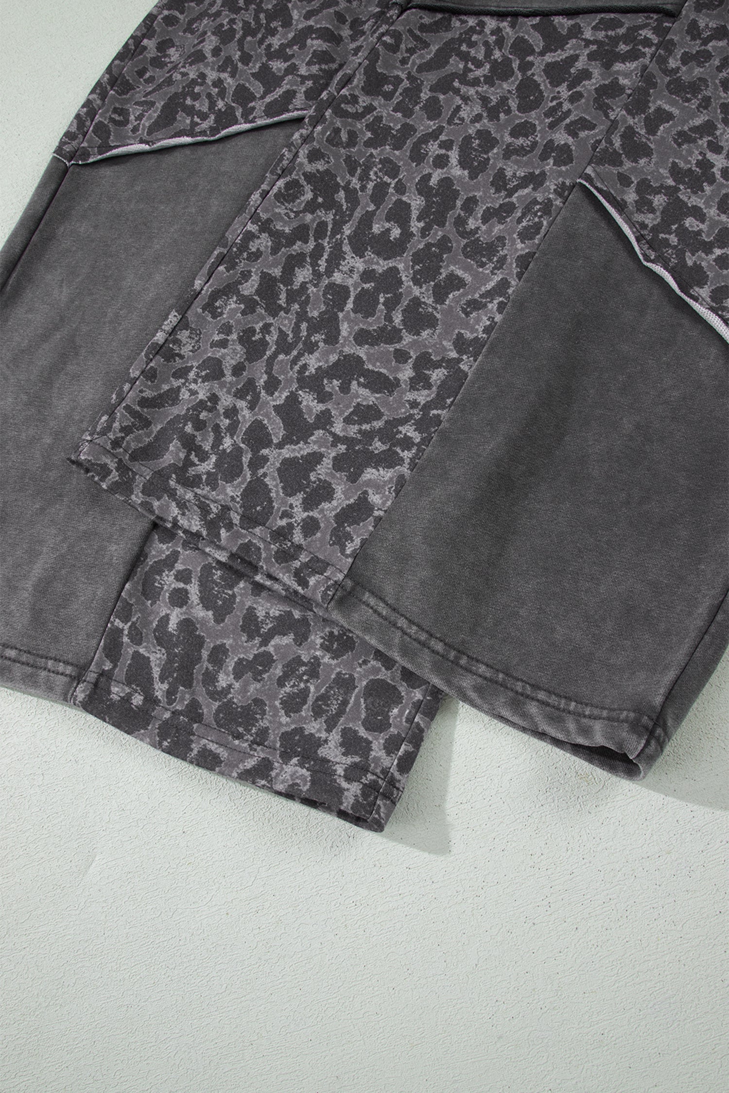 Plus Size Leopard Patchwork Mineral Wash Wide Leg Pants – Dark Grey