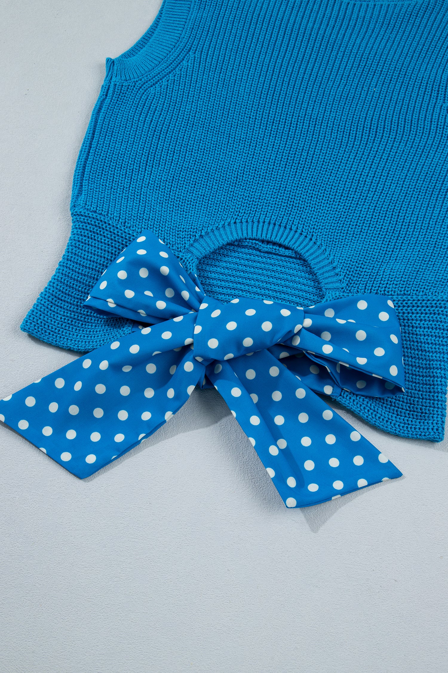 Myosotis Slim Knit Polka Dot Knot Back Cropped Sweater Tank – Blue