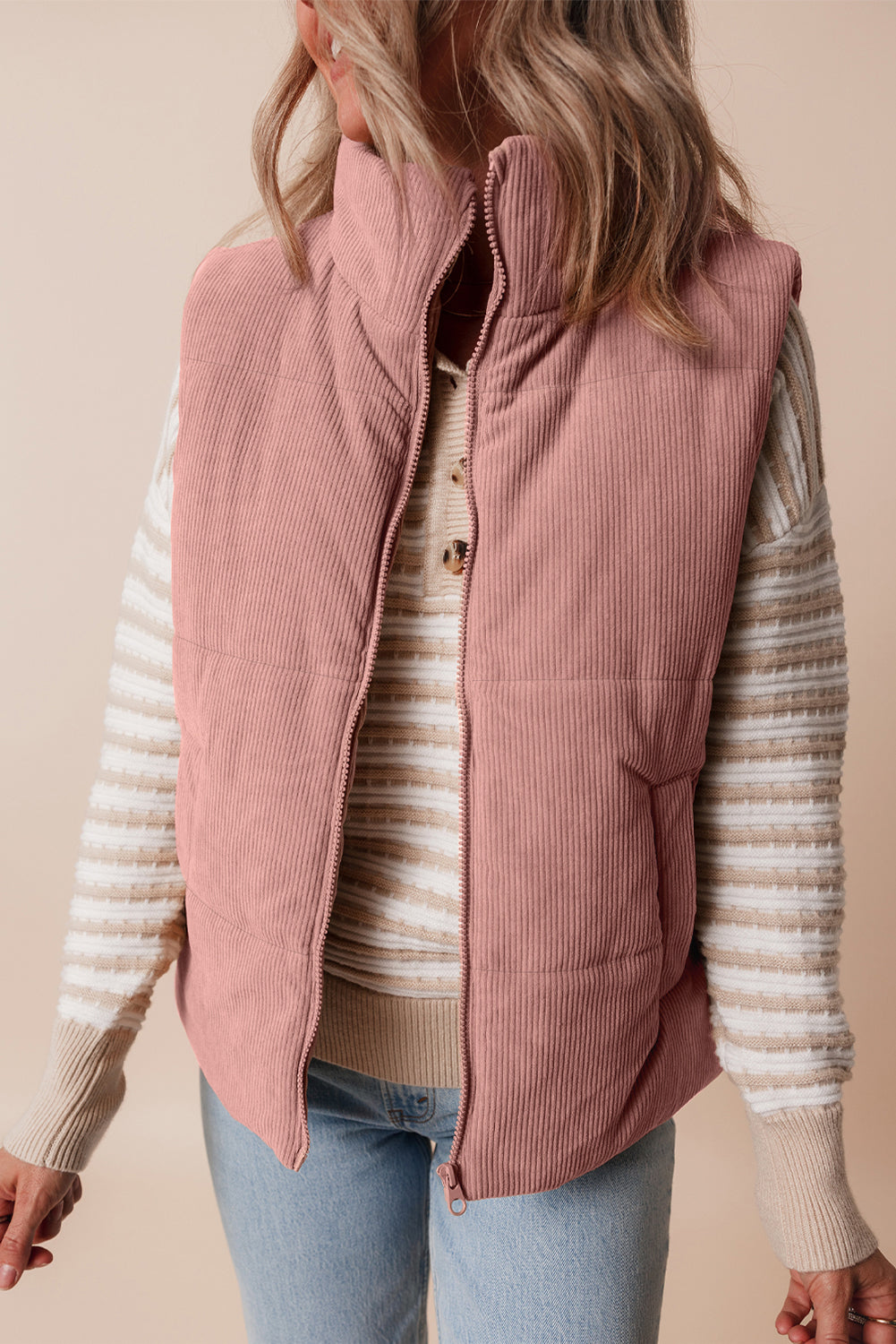 Pink Cord Stand Neck Zipped Puffer Gilet Dear-Lover Dropshipping