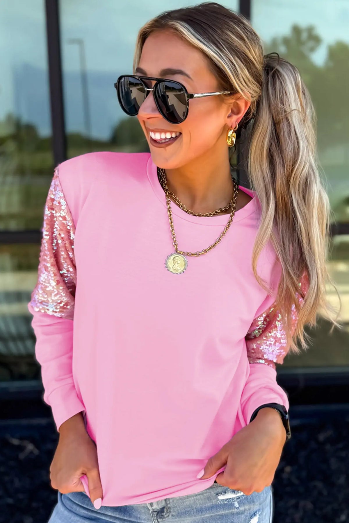 Long Sleeve Sequin Round Neck Pullover Top – Pink