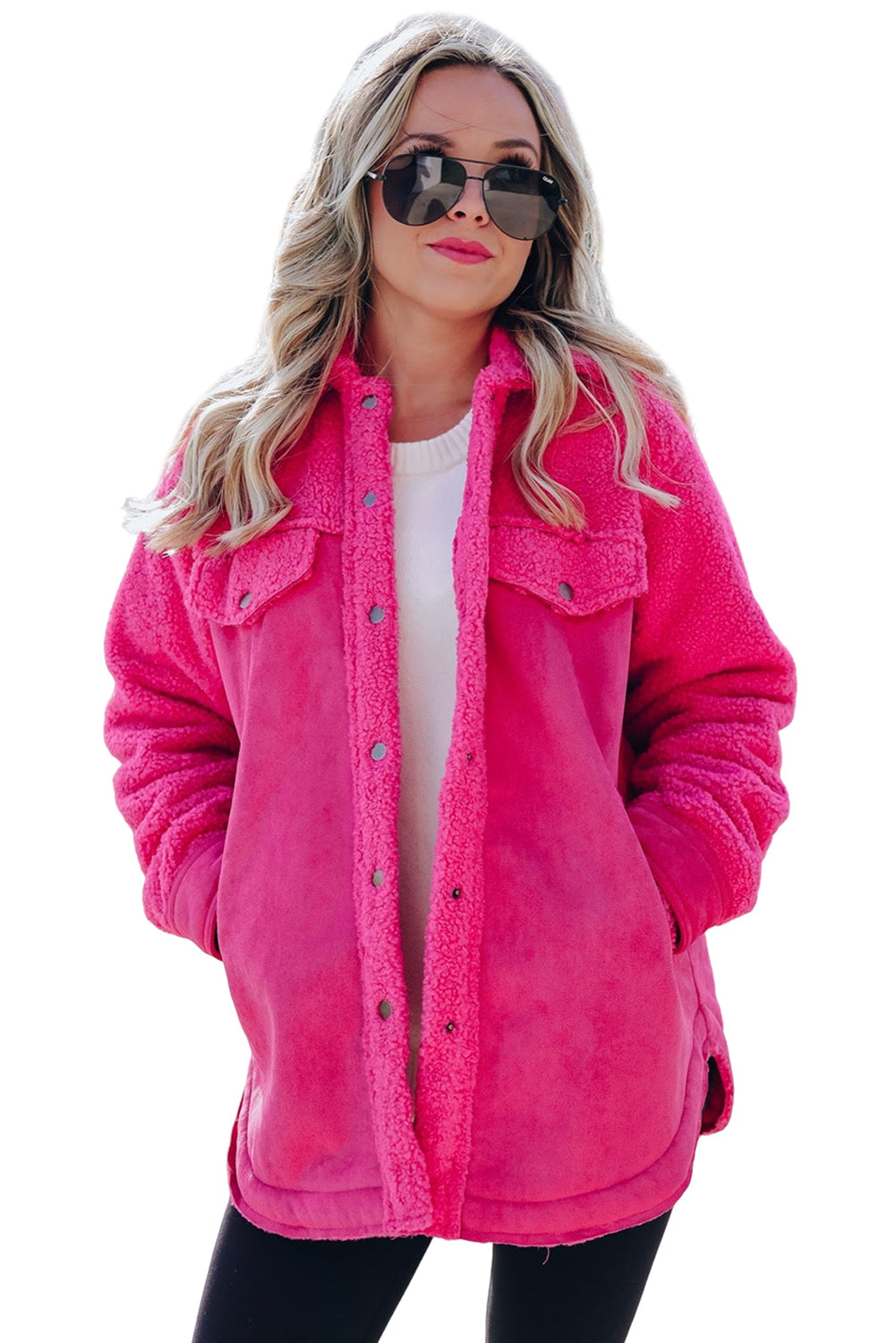 Bright Pink Faux Suede Sherpa Patchwork Button-up Shacket Beagle Boutique Fashion Outlet