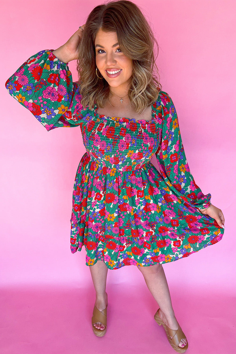 White Plus Size Floral Frilled Square Neck Shirred Long Sleeve Dress BB Fashion Outlet