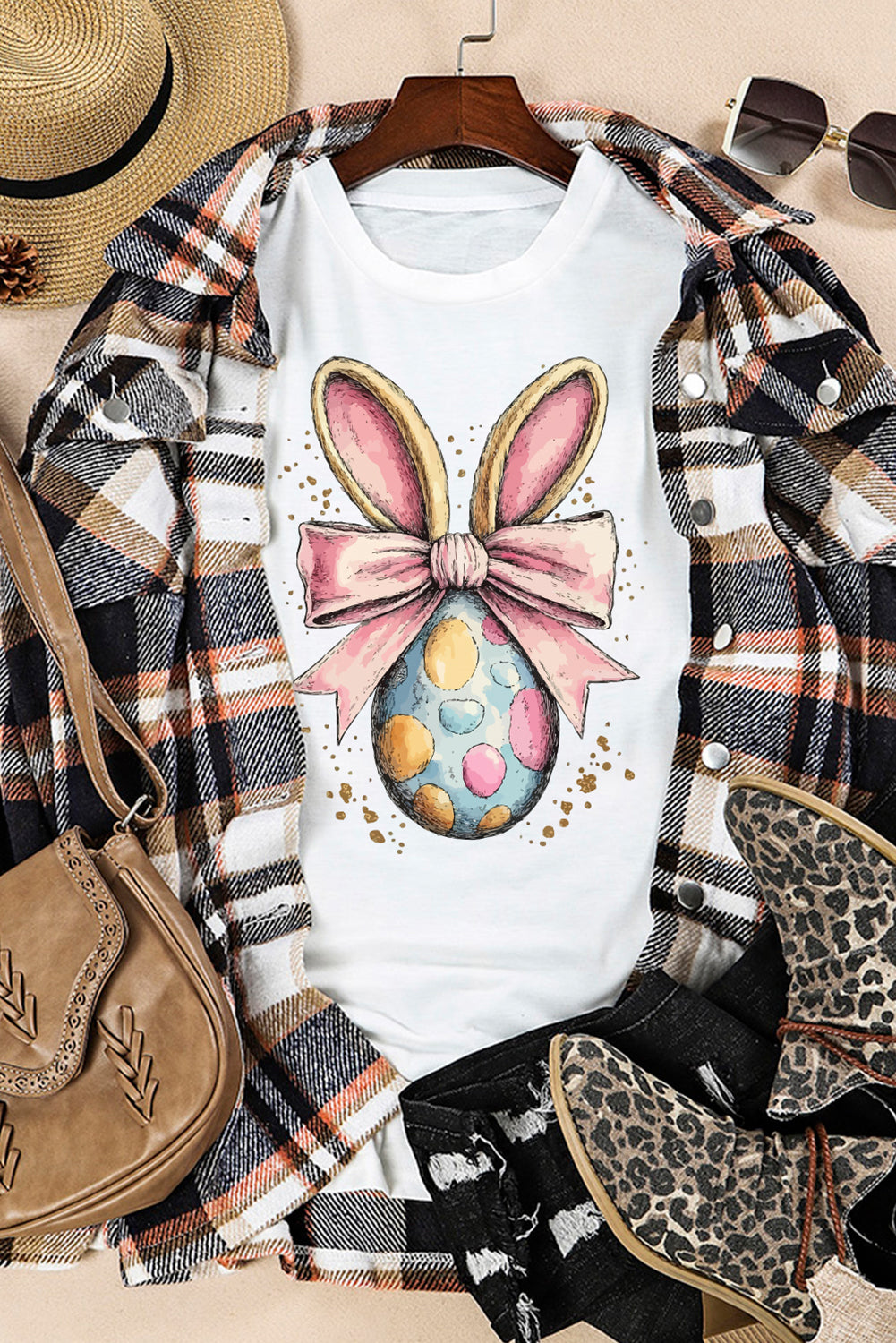 White Easter Egg Bow Bunny Ear Printed T Shirt eAura