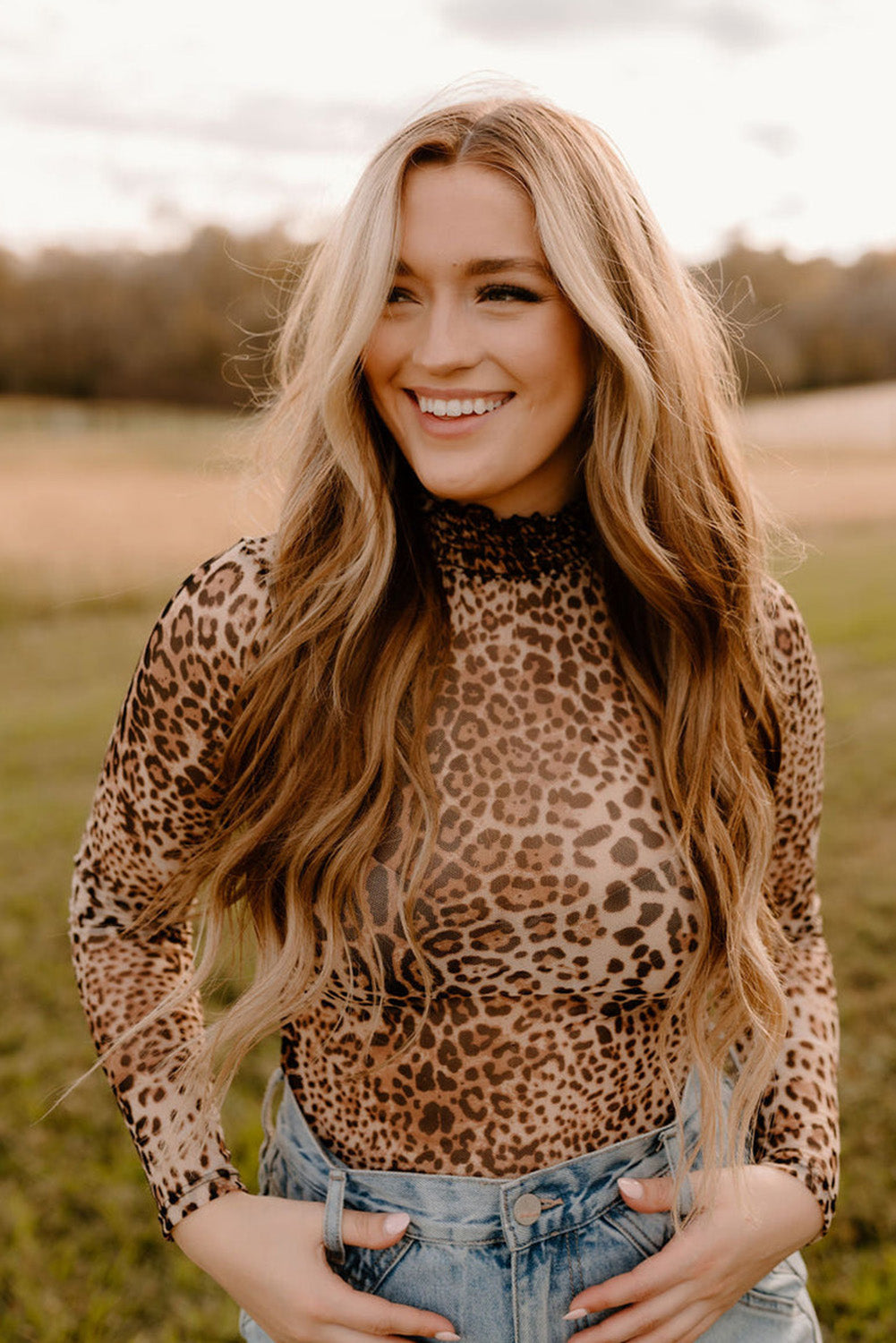 Brown Leopard Smocked Neck Mesh Long Sleeve Bodysuit eAura
