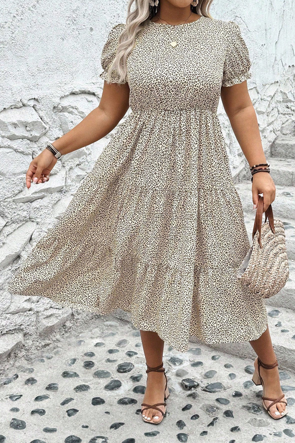 Beige Plus Size Leopard Print Frill Trim Short Sleeve Flared Dress BB Fashion Outlet
