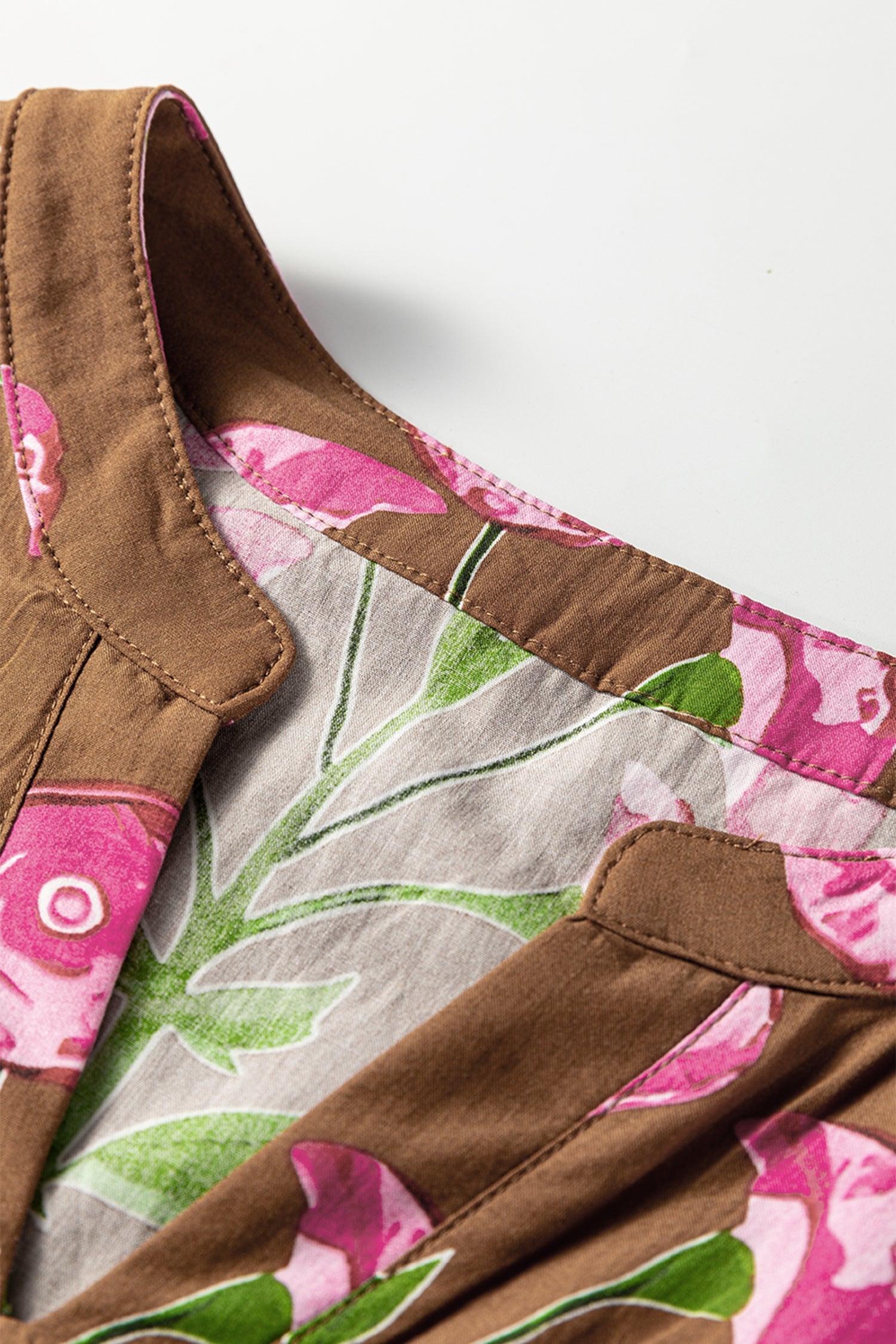 Brown Contrast Floral Print Babydoll Tunic Ruffled Hem Puff Sleeve Dress - Dresses/Floral Dresses