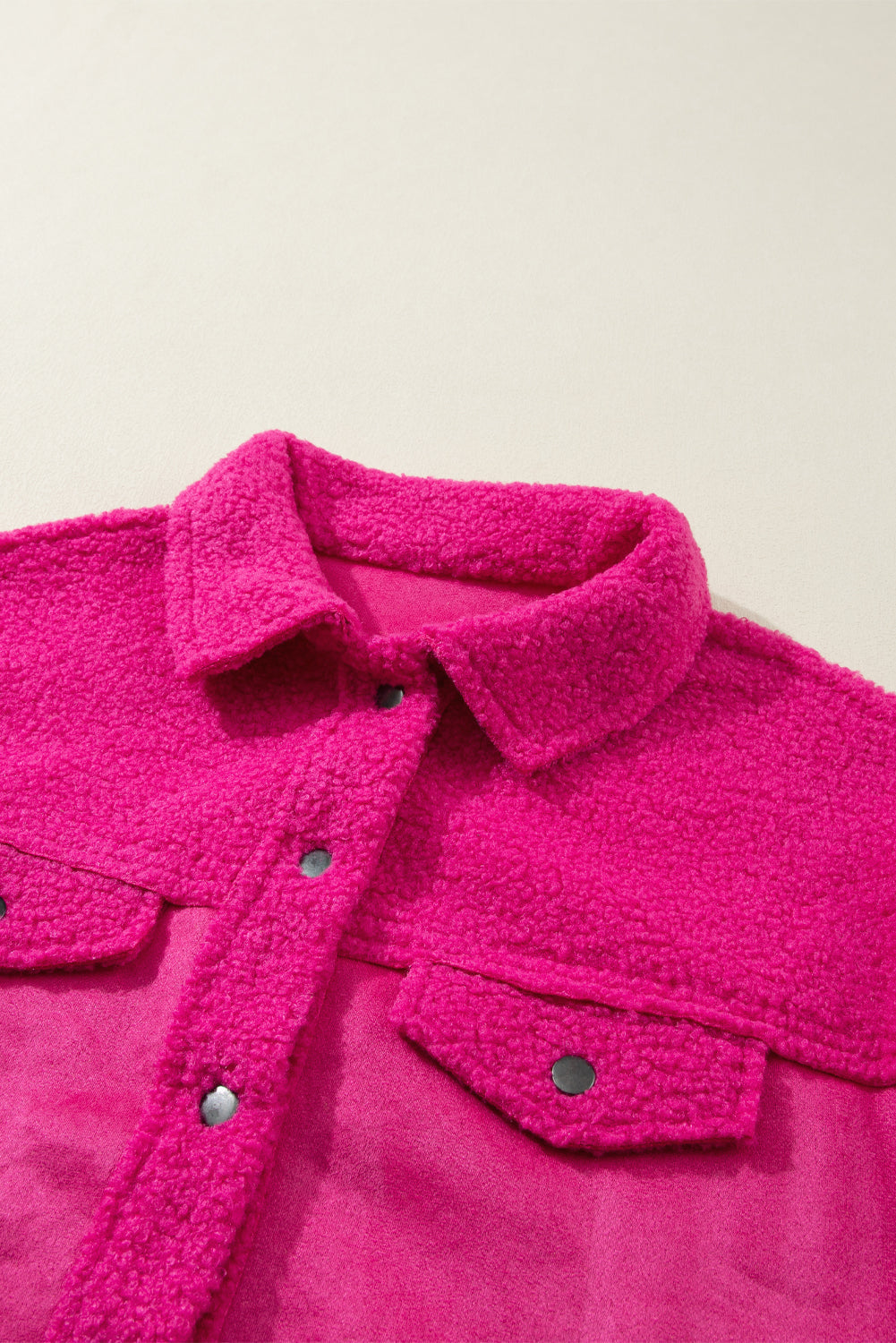 Bright Pink Faux Suede Sherpa Patchwork Button-up Shacket Beagle Boutique Fashion Outlet