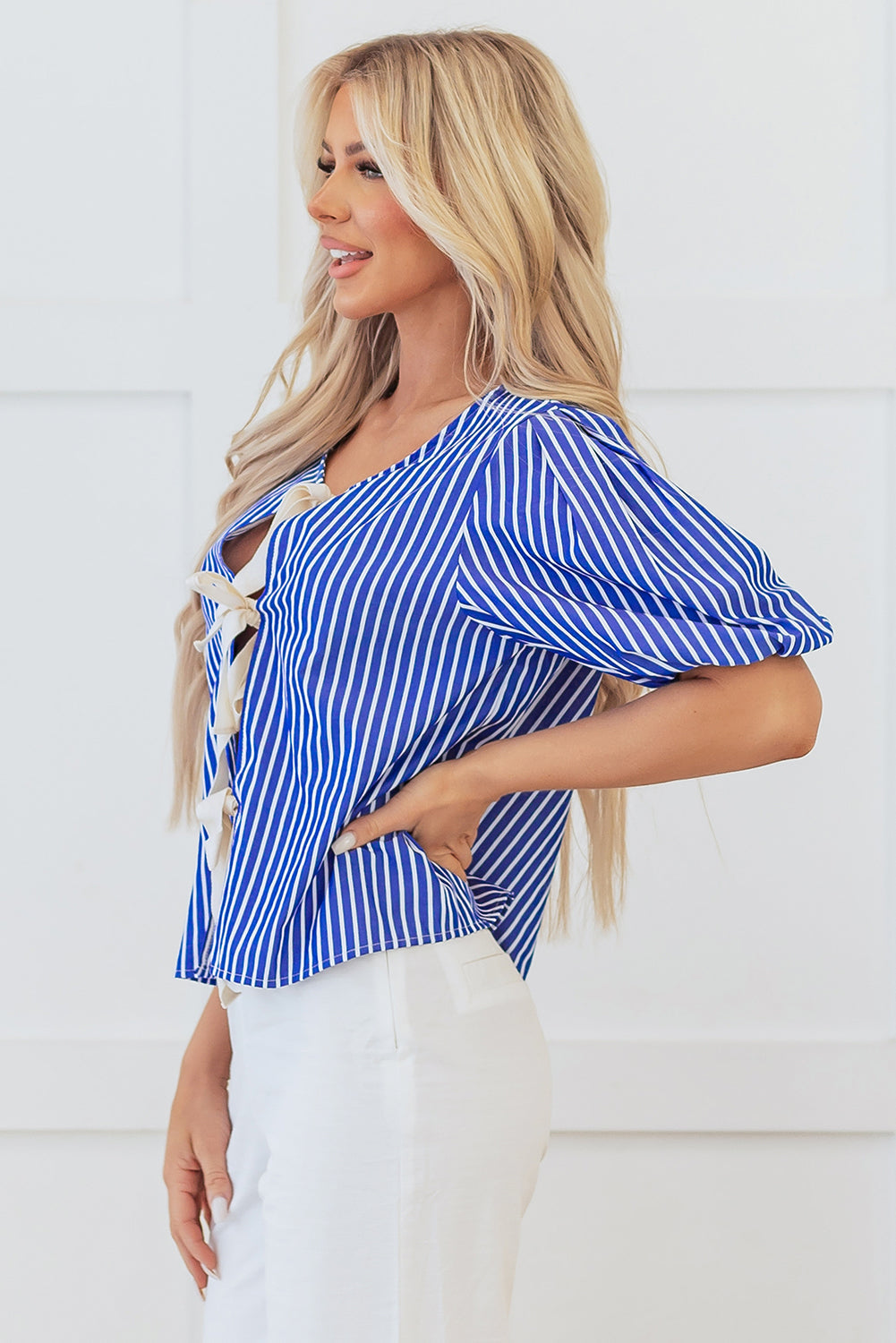 Blue Stripe Tied Front Puff Short Sleeve Blouse eAura
