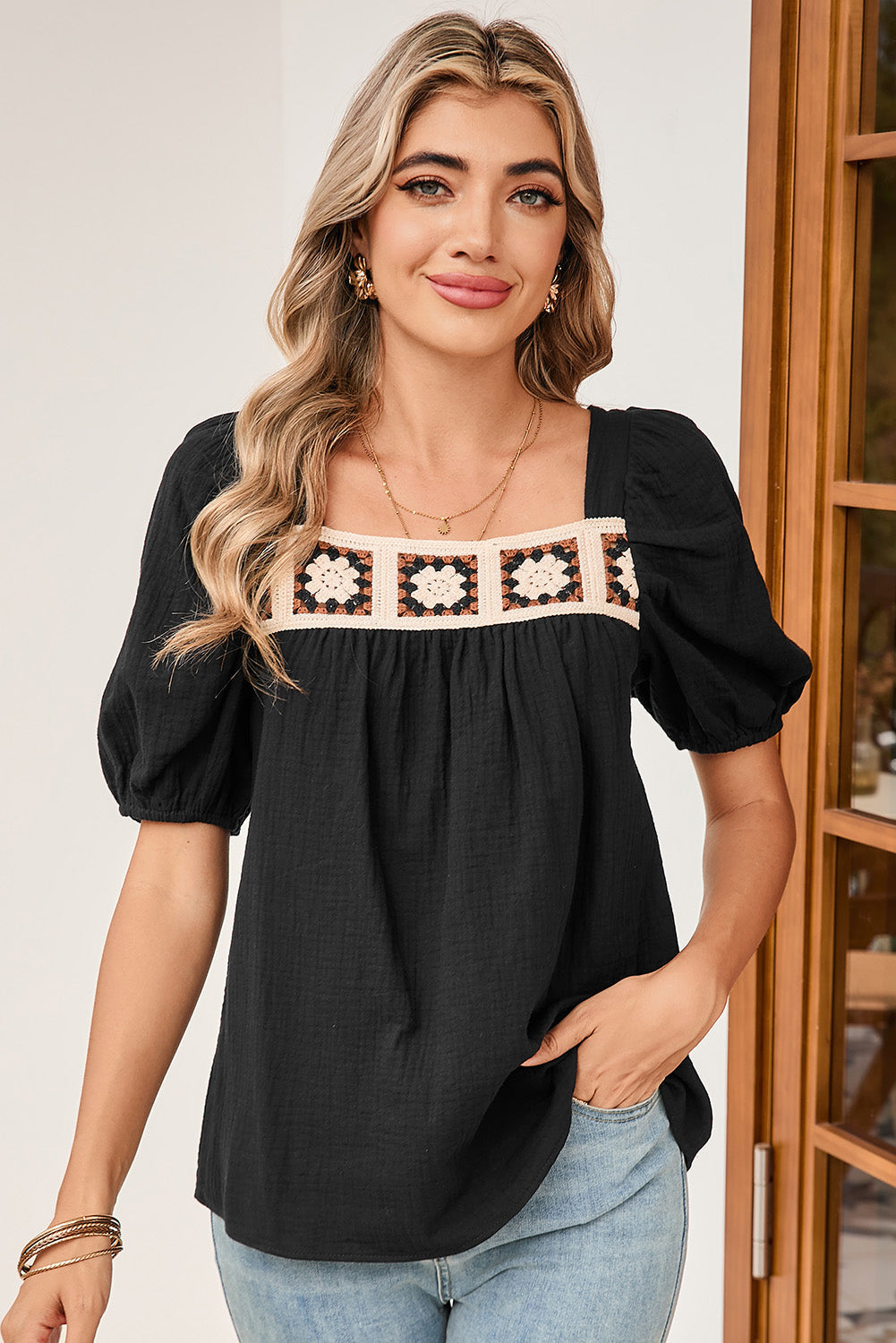 Black Crochet Square Neck Crinkled Blouse BBs