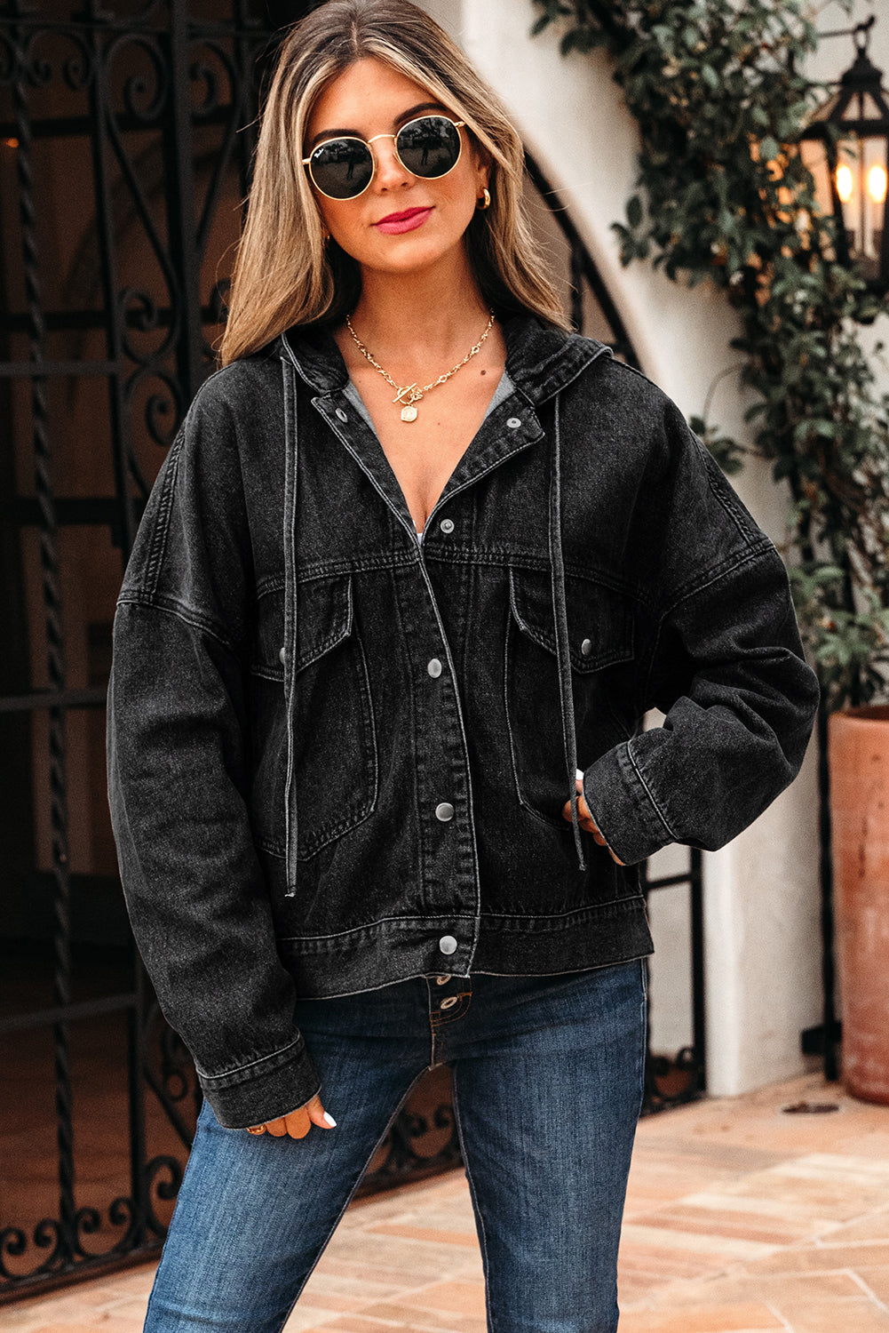 Black Big Chest Pocket Drop Shoulder Hooded Denim Jacket eAura