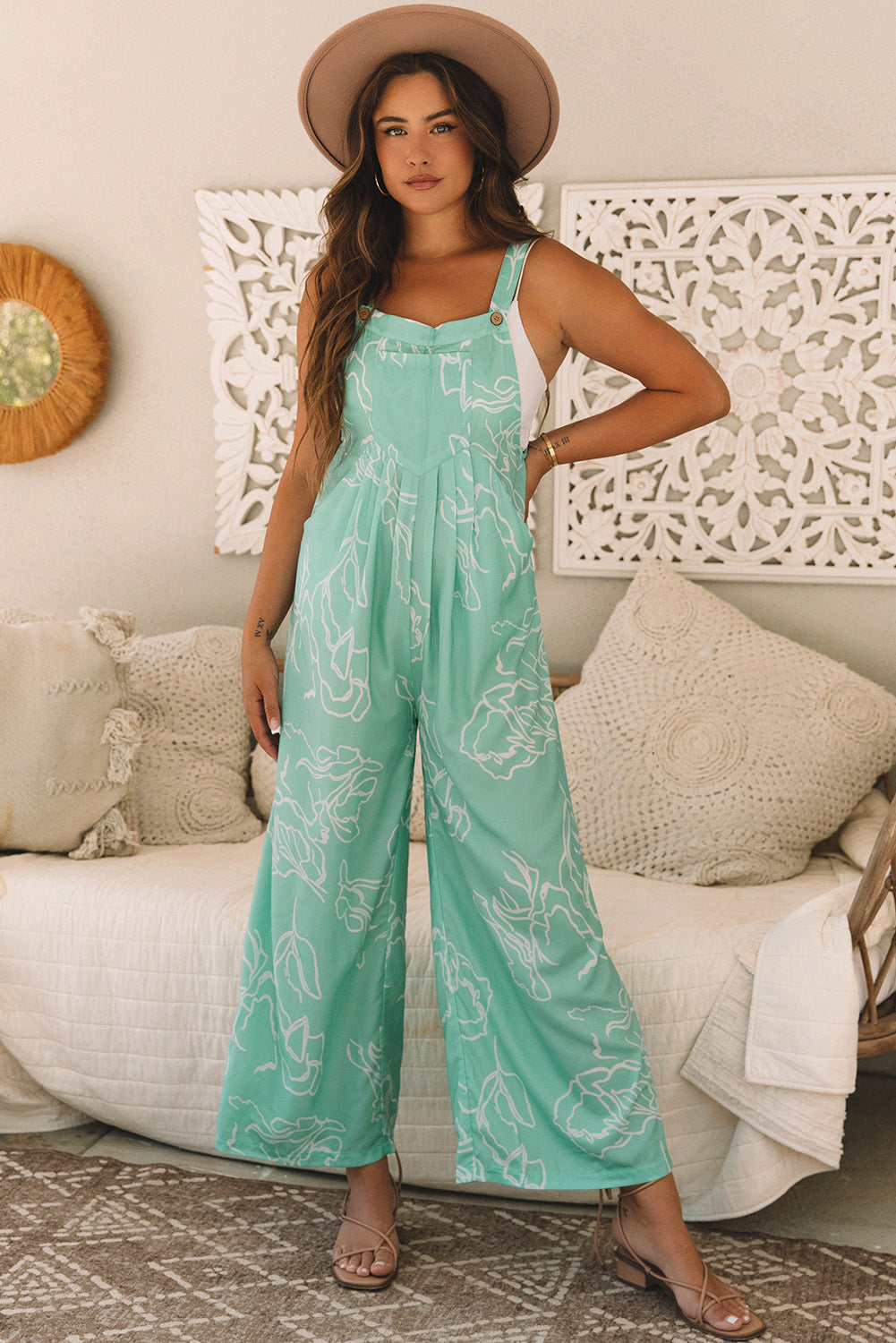 Moonlight Jade Printed Bib Wide Leg Overalls BB Fashion Outlet
