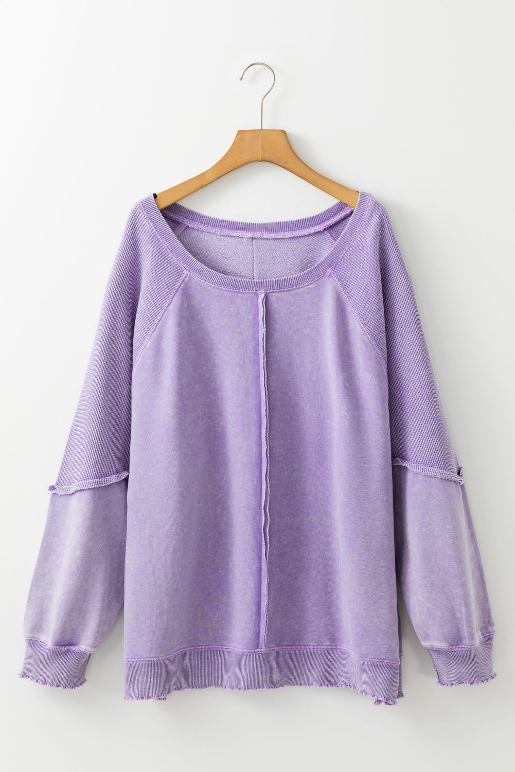Orchid Petal Textured Patchwork Frilled Trim Plus Size Pullover Sweatshirt Beagle Boutique Fashion Outlet