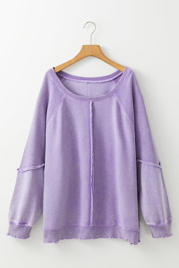 Orchid Petal Textured Patchwork Frilled Trim Plus Size Pullover Sweatshirt Beagle Boutique Fashion Outlet