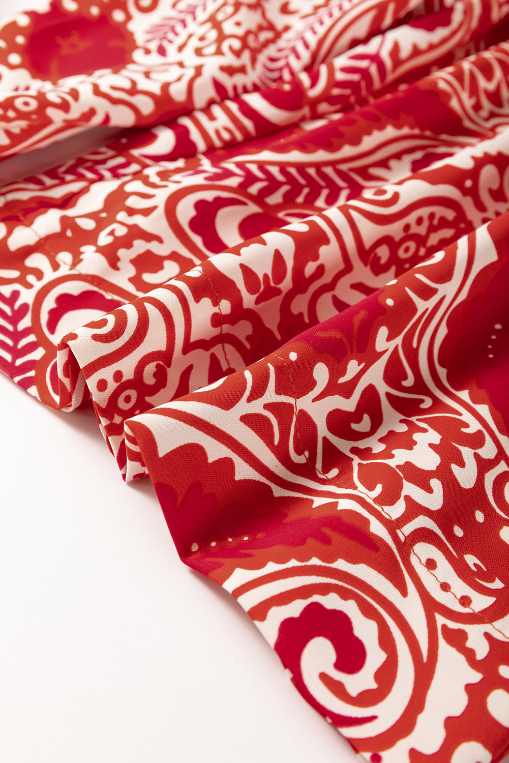 Red Paisley Printed Buttoned High Waist Straight Leg Trousers eAura
