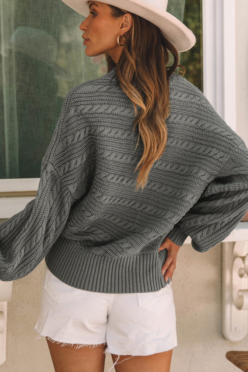 Grey Mock Neck Lantern Sleeve Cable Knit Sweater eAura