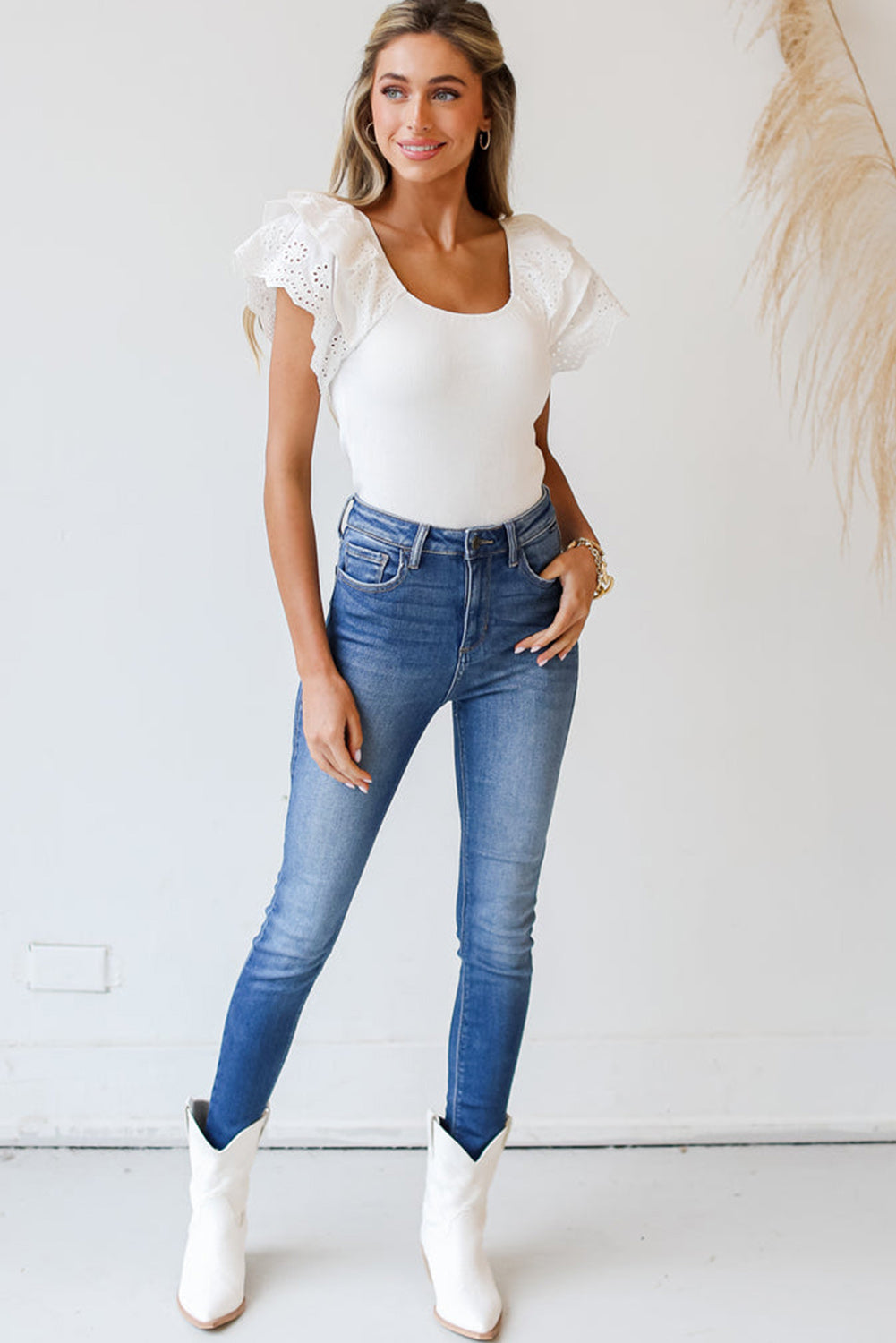 White Eyelet Ruffle Sleeve Slim Fitted Top eAura