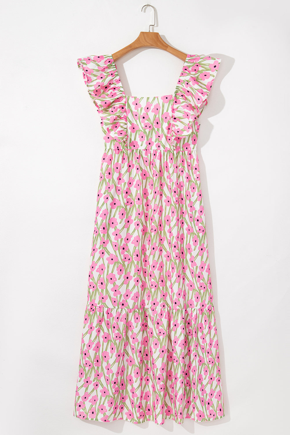 Pink Floral Print Square Neck Ruffled Strap Maxi Dress eAura