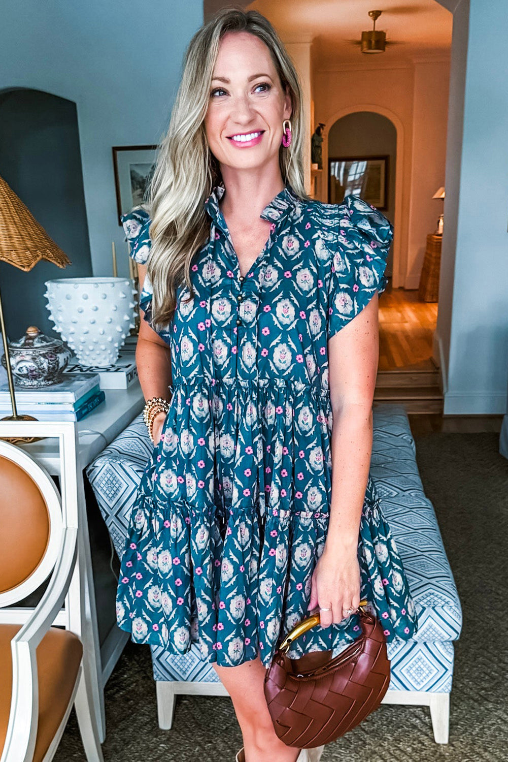 Blue Retro Floral Print Split Neck Ruffle Short Sleeve Dress eAura