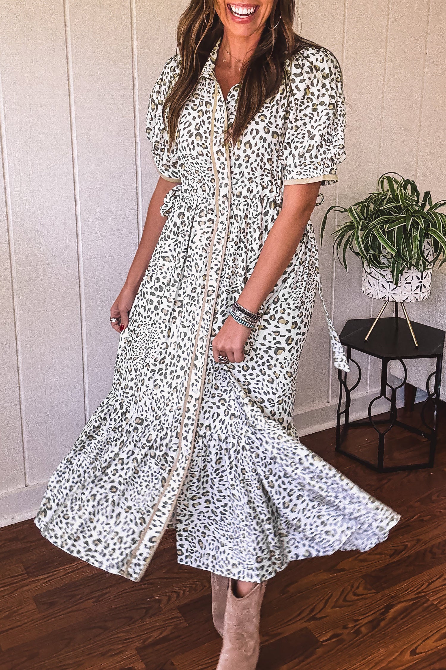Leopard Print Puff Sleeve Maxi Dress – White
