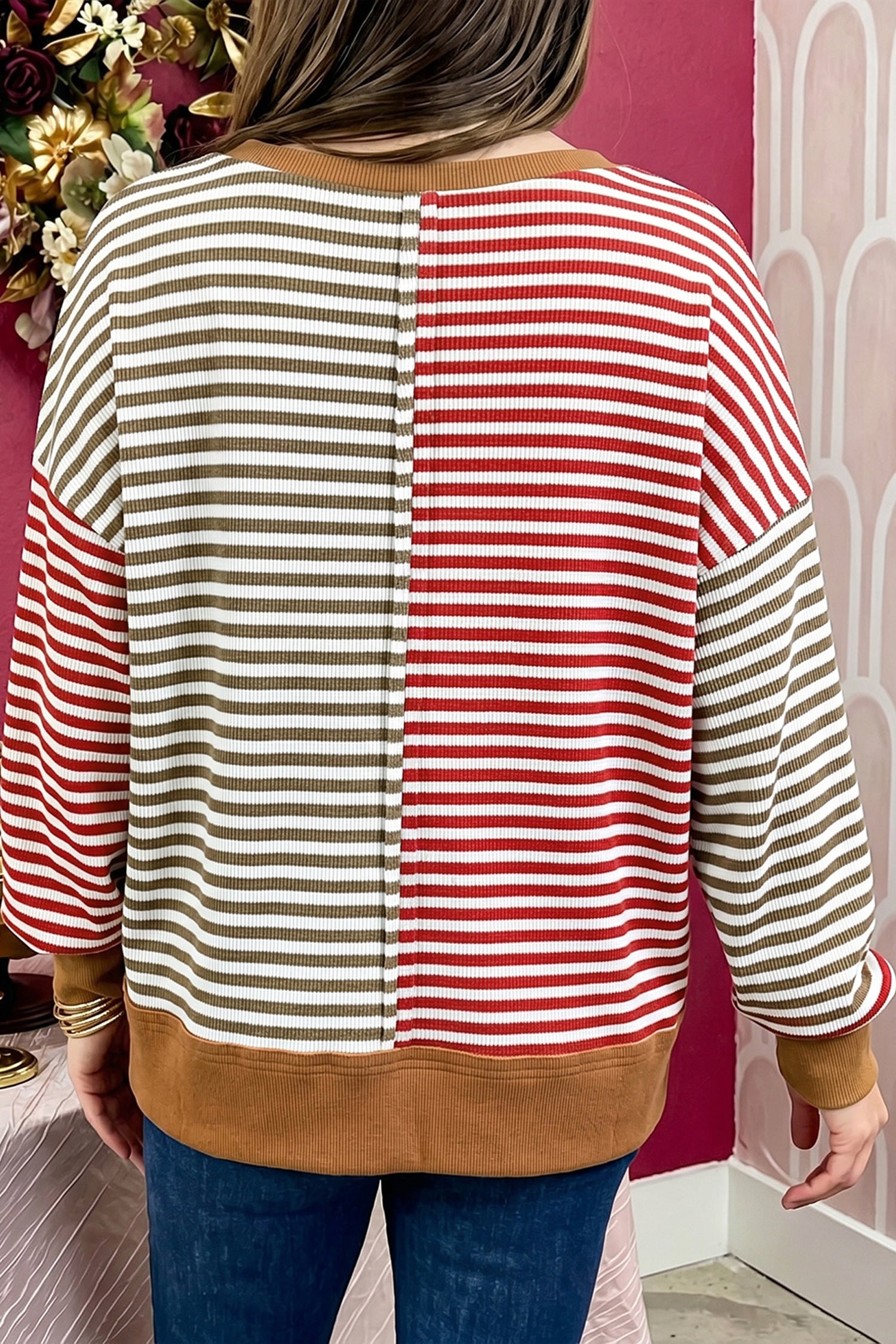 Red Striped Colorblock V Neck Long Sleeve Top – Red Stripe