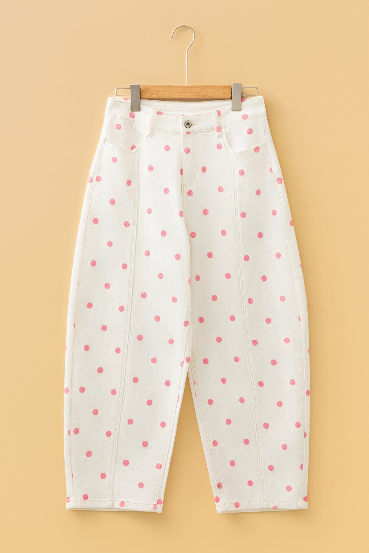 Polka Dot Print Seam Detail Barrel Jeans – Pink