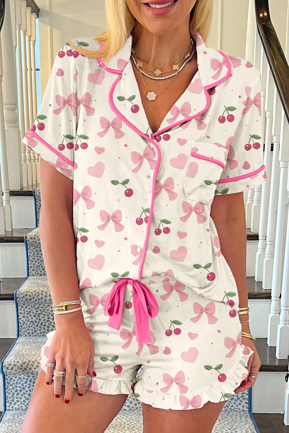 White Floral Print Contrast Pipping Short Pyjamas Set eAura