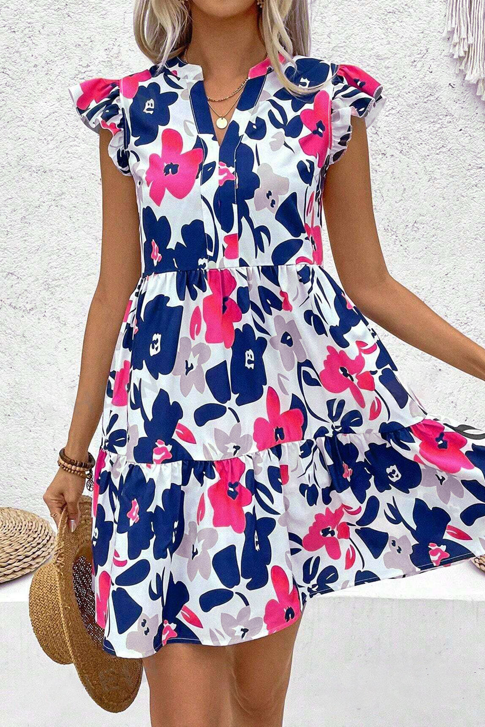 Floral Print Notched Neck Flutter Sleeve Mini Dress BB Fashion Outlet