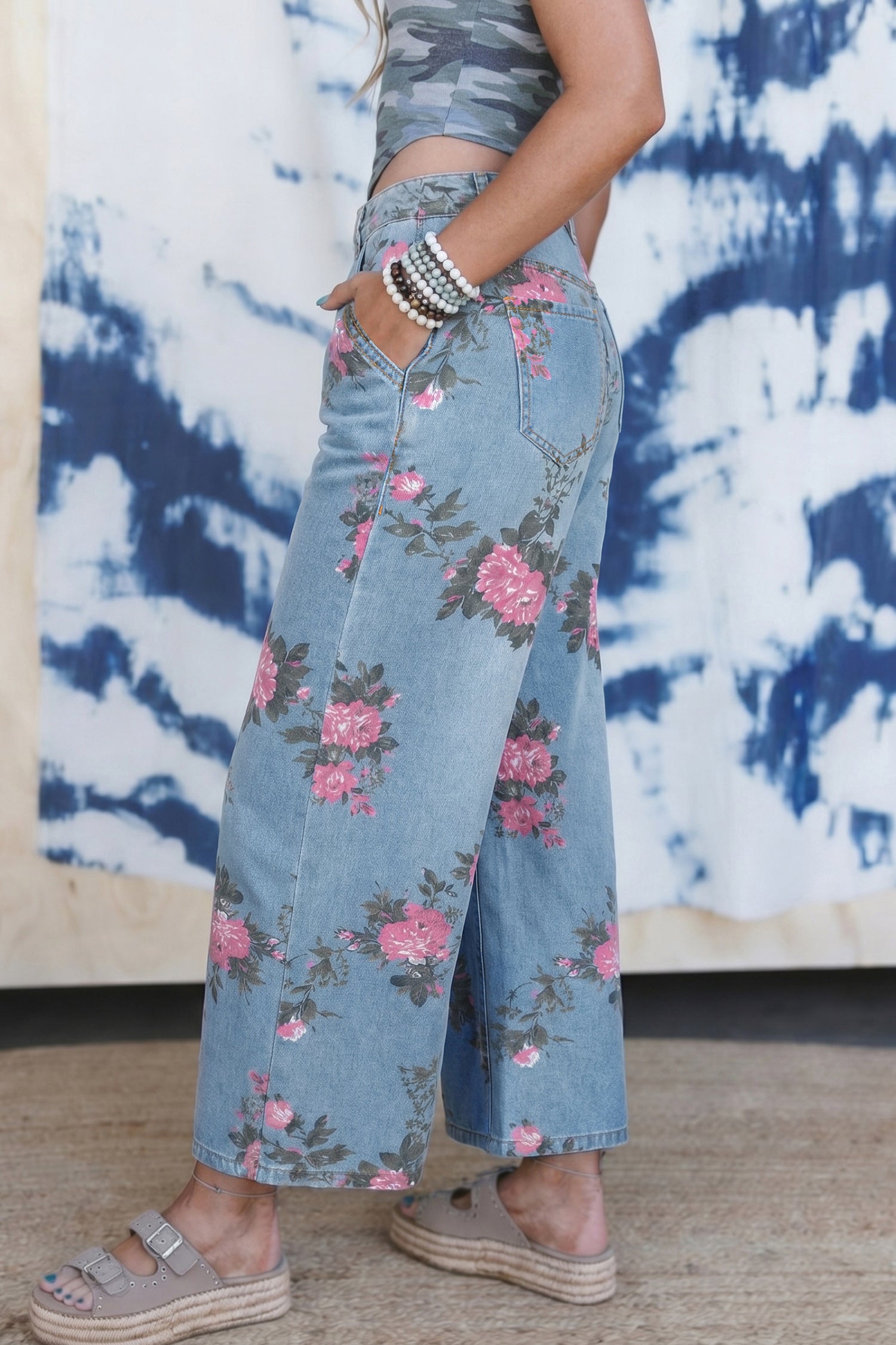 Floral Print Bootcut Jeans – Sky Blue Denim