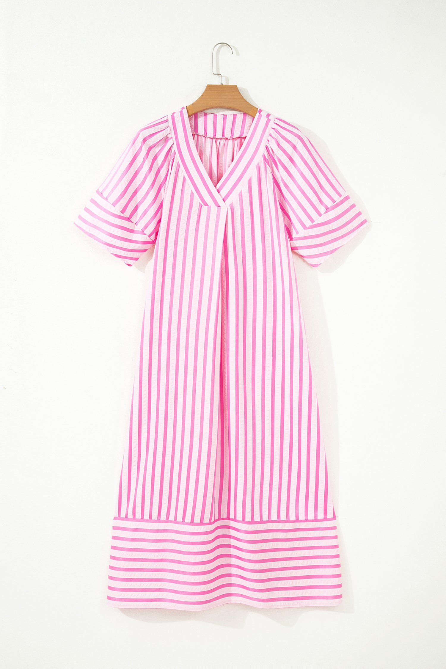 V Neck Short Sleeve Shift Long Dress – Pink Stripe