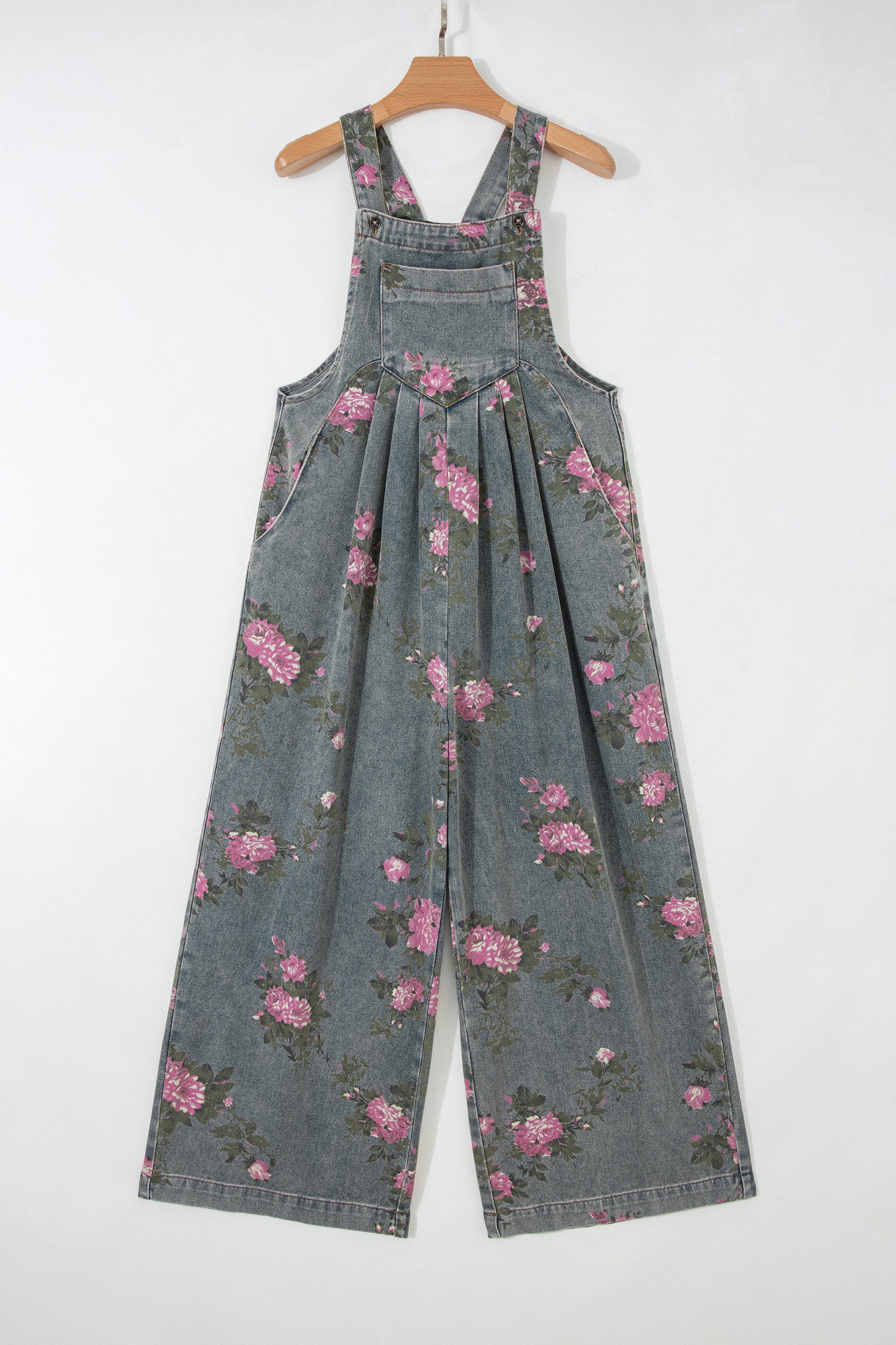 Floral Print Pleated Wide Leg Denim Jumpsuit – High Waist