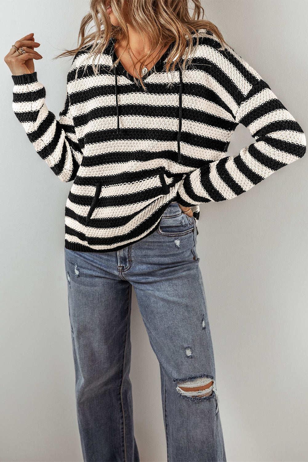 White Stripe V Neck Pocketed Drawstring Hooded Sweater eAura