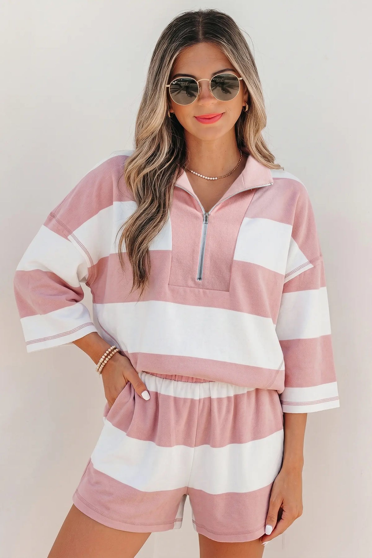 Half Zip Bracelet Sleeve Top Casual Short Set – Pink Stripe