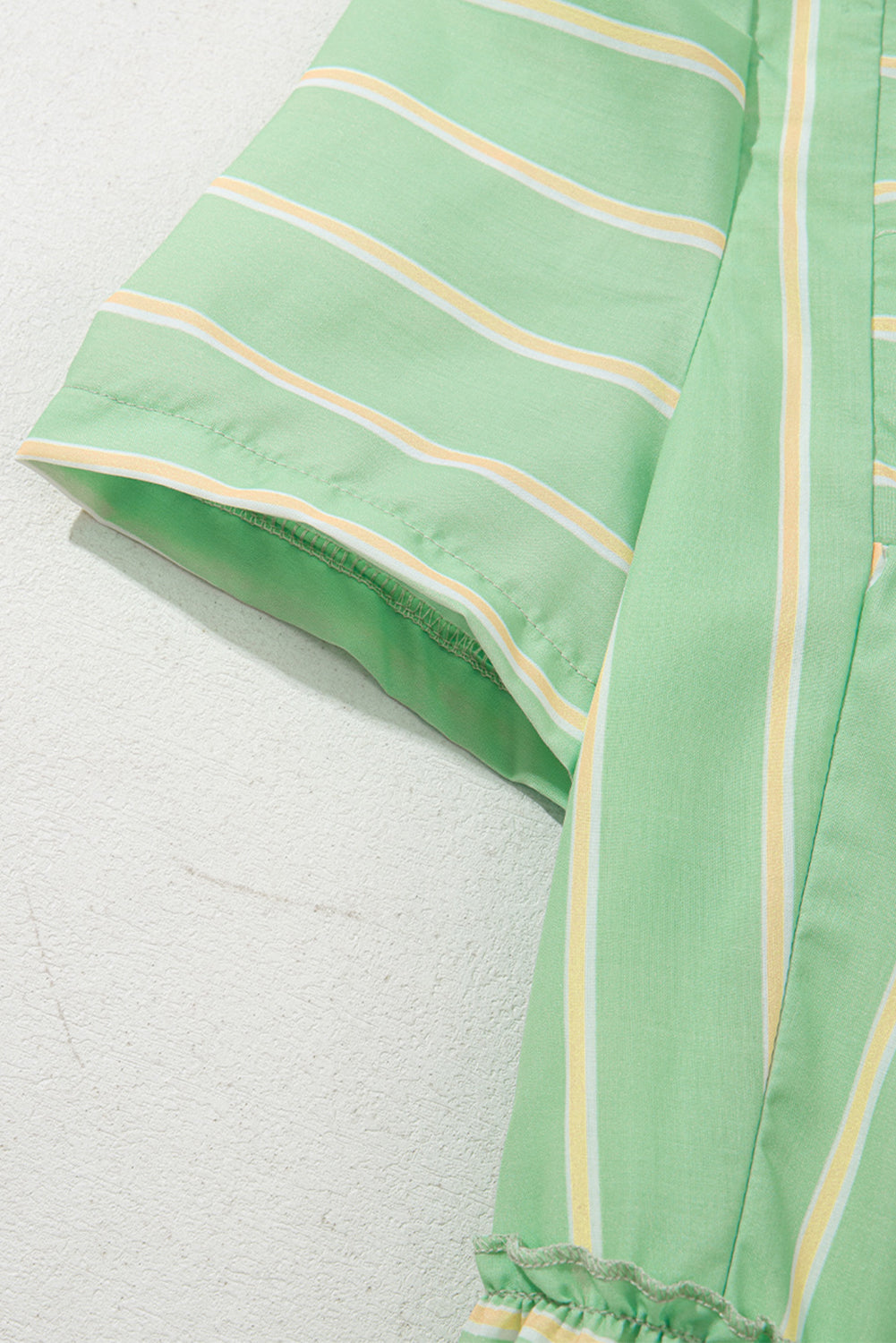 Green Stripe V-Neck Short Sleeve Frilled Detail A-line Dress eAura