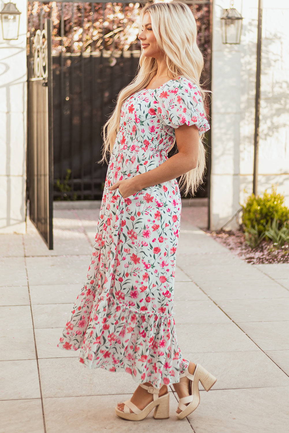 Pink Floral Puff Sleeve Square Neck Empire Waist Tiered Maxi Dress eAura