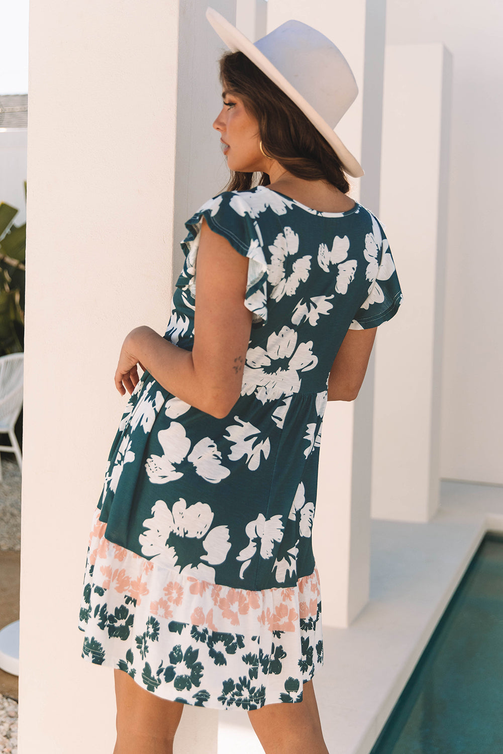 Floral Print Ruffle Sleeve Empire Waist Mini Dress eAura