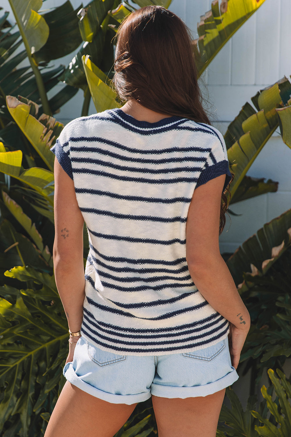 Blue Stripe Loose Buttoned V Neck Sweater Vest eAura