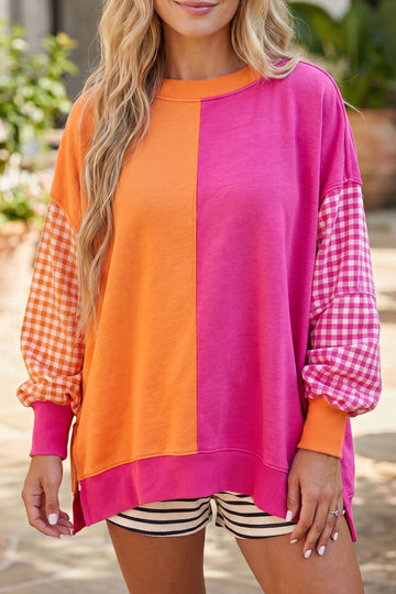 Colorblock Gingham Sleeve Crewneck Sweatshirt – Rose Red