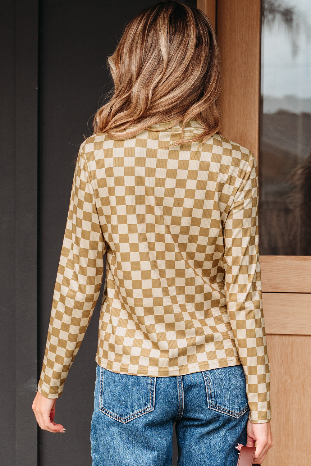 Check Pattern Turtleneck Ribbed Slim Long Sleeve Tee - eAura