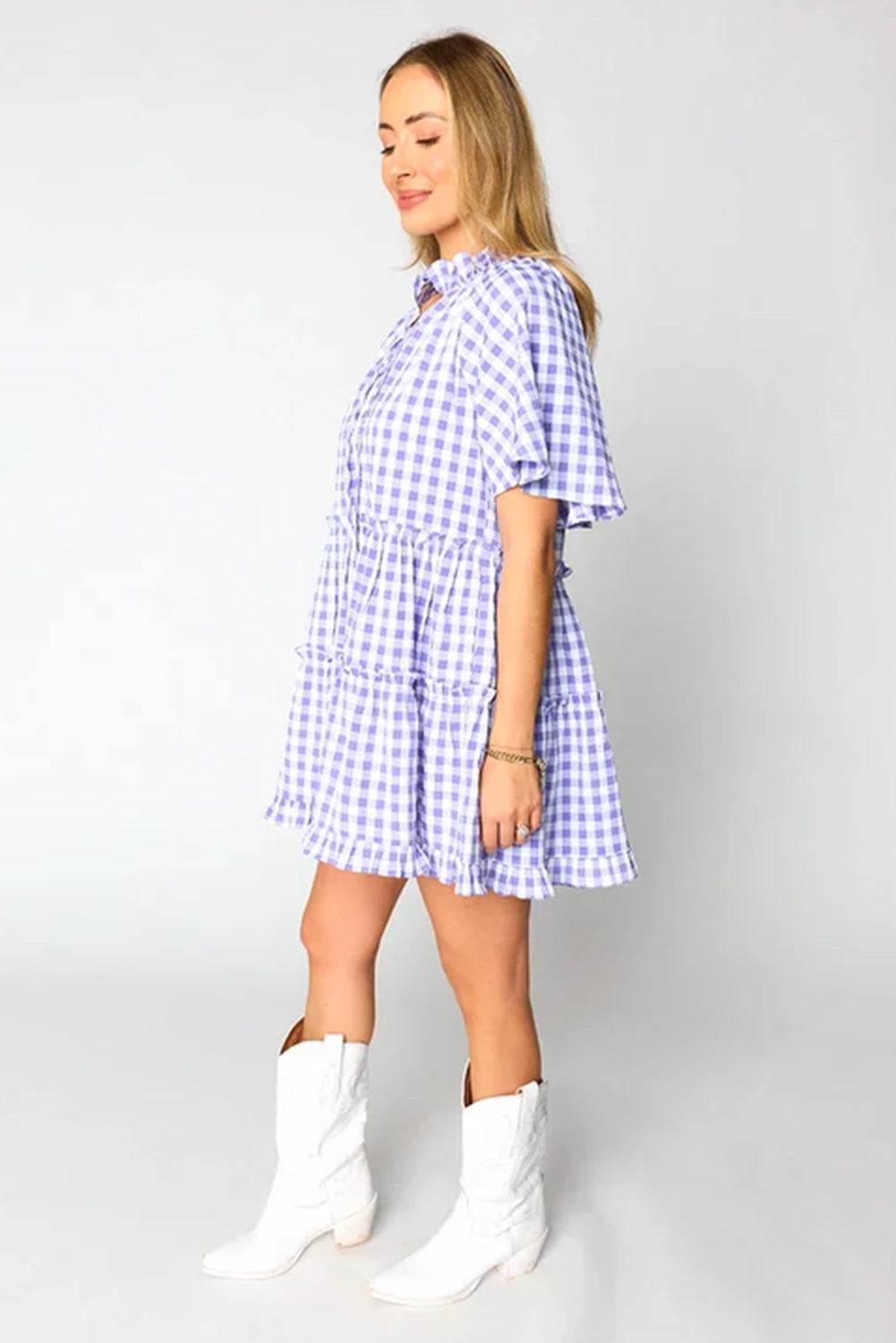 Lavendula Plaid Ruffle Wide Short Sleeve Babydoll Mini Dress eAura