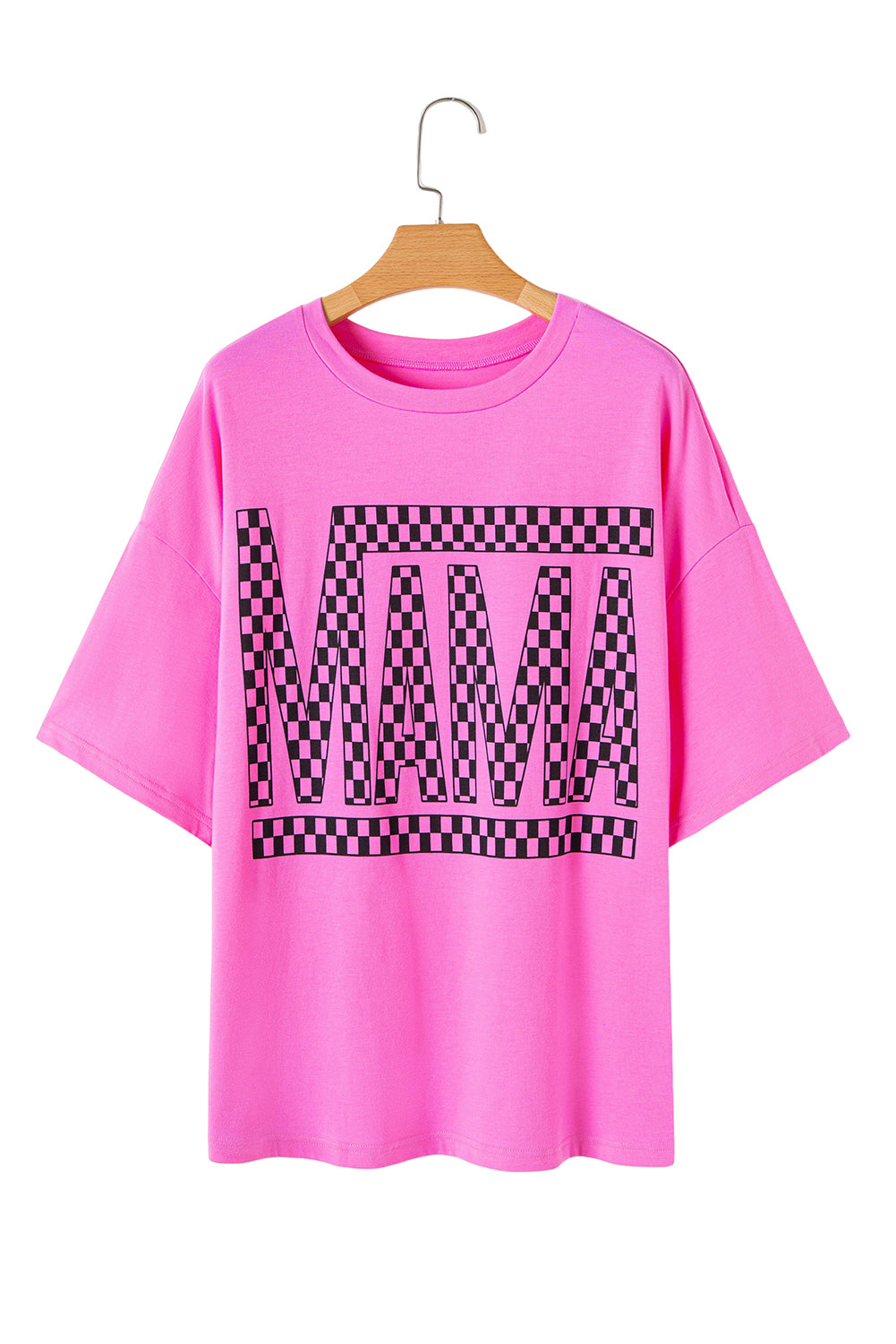 Bright Pink Checker MAMA Letter Printed Graphic Plus Size T Shirt BB Fashion Outlet