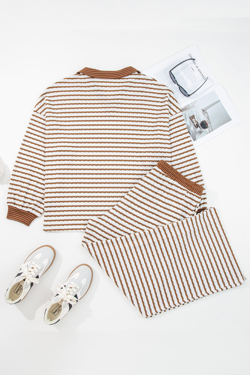 Khaki Stripe Plus Size Collared V-Neck Oversized Pullover Drawstring Elastic Waist Wide Leg Pant Co-ord Set - eAura