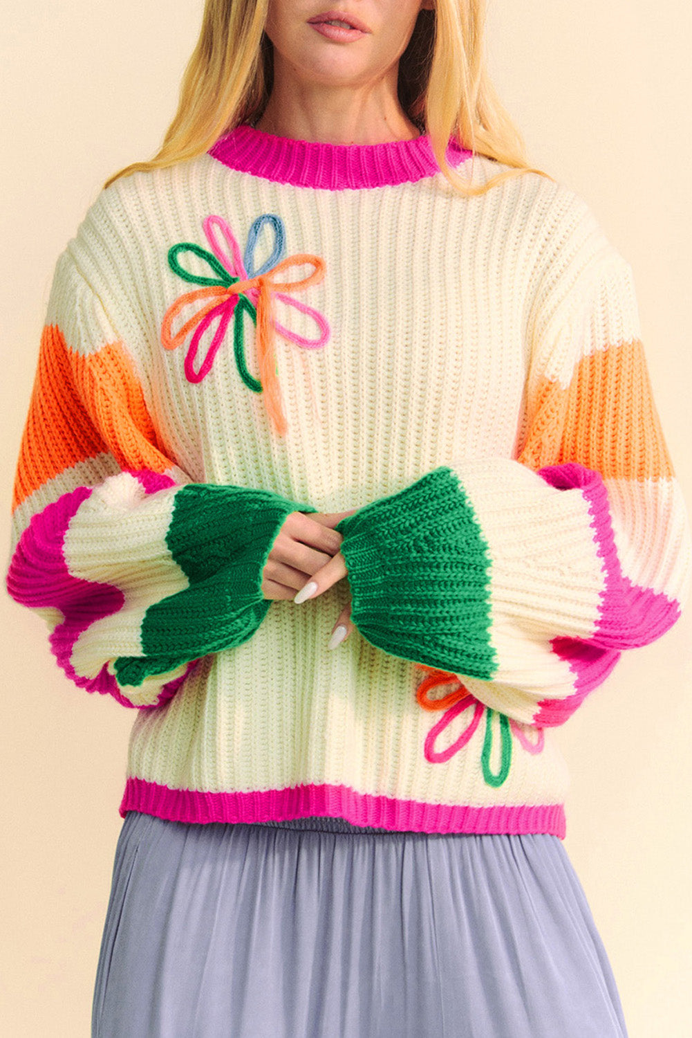Beige Colourblock Flower Print Cable Knit Loose Sweater eAura