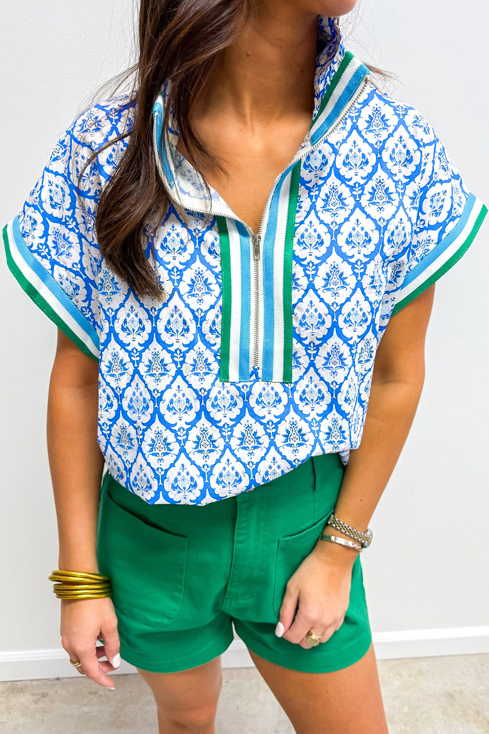 Western Print Zipped Collar Short Sleeve Blouse Top - eAura