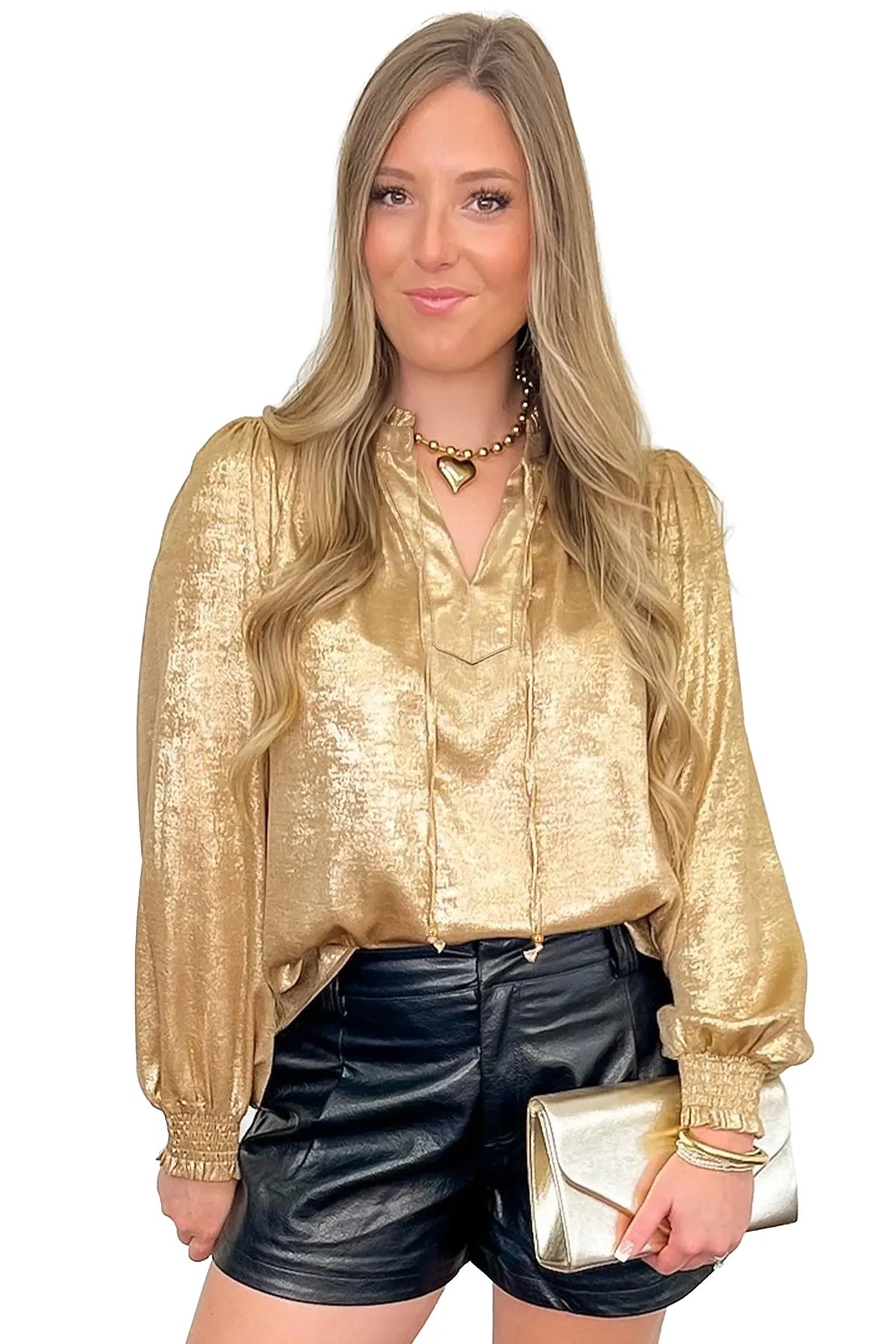 Metallic Sheen V Neck Gathered Cuff Long Sleeve Blouse – Gold