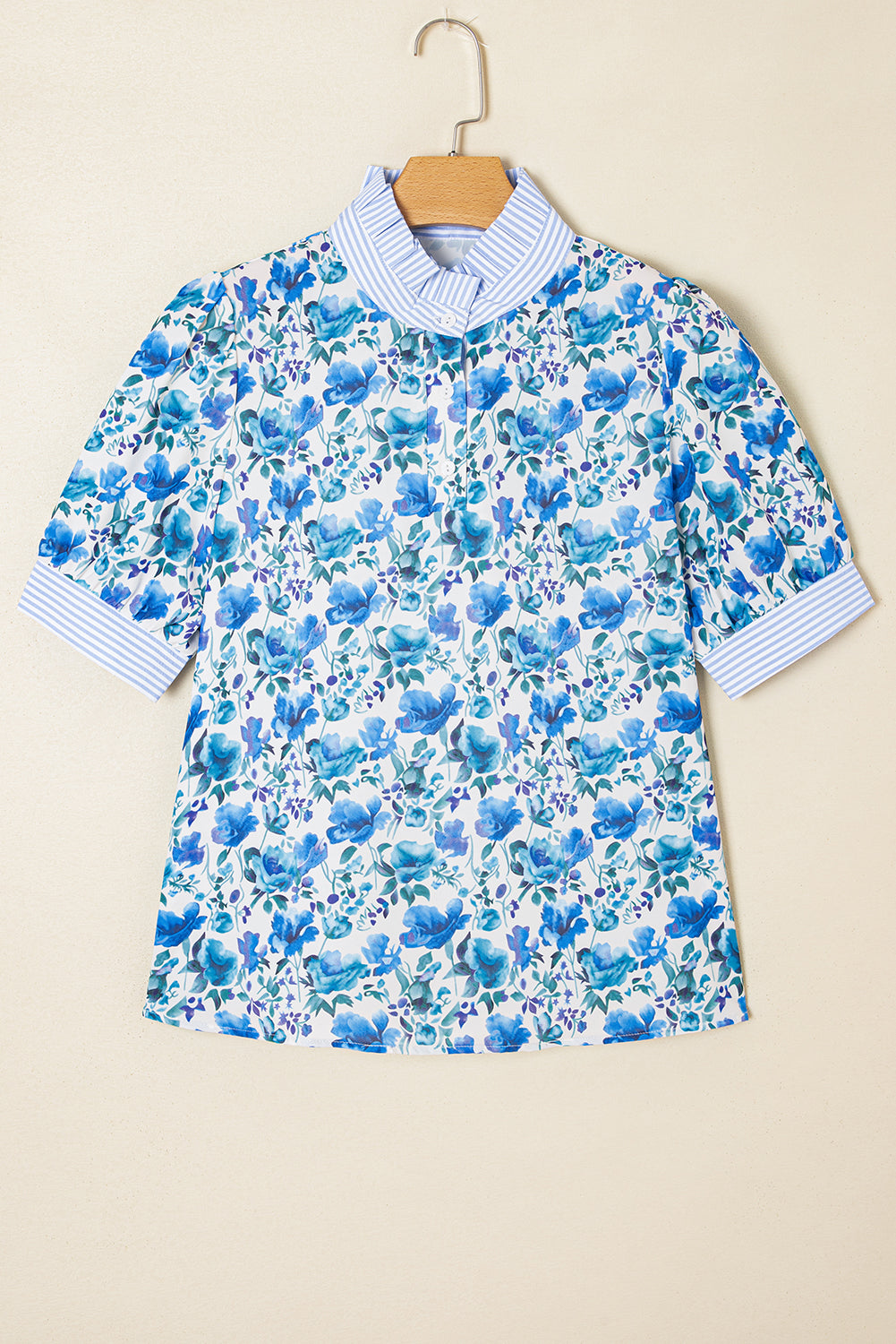 Blue Floral Print Striped Patchwork Collared Short Sleeve Blouse eAura