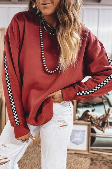 Shift Sweatshirt Checkered Trim Long Sleeve Round Neck