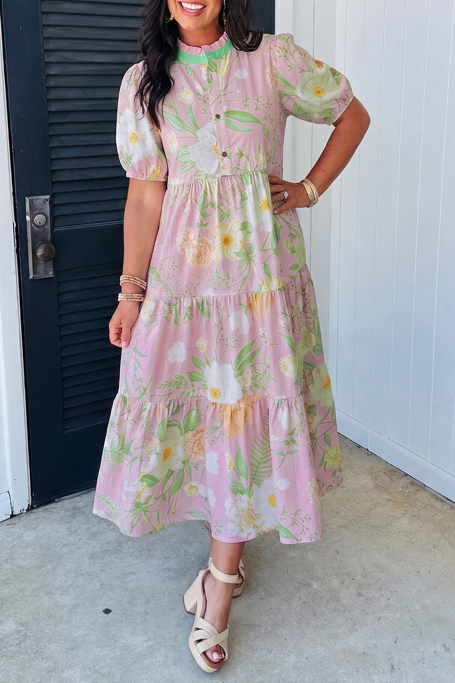 Floral Print Short Puff Sleeve High Waist Tiered Maxi Dress – Pink