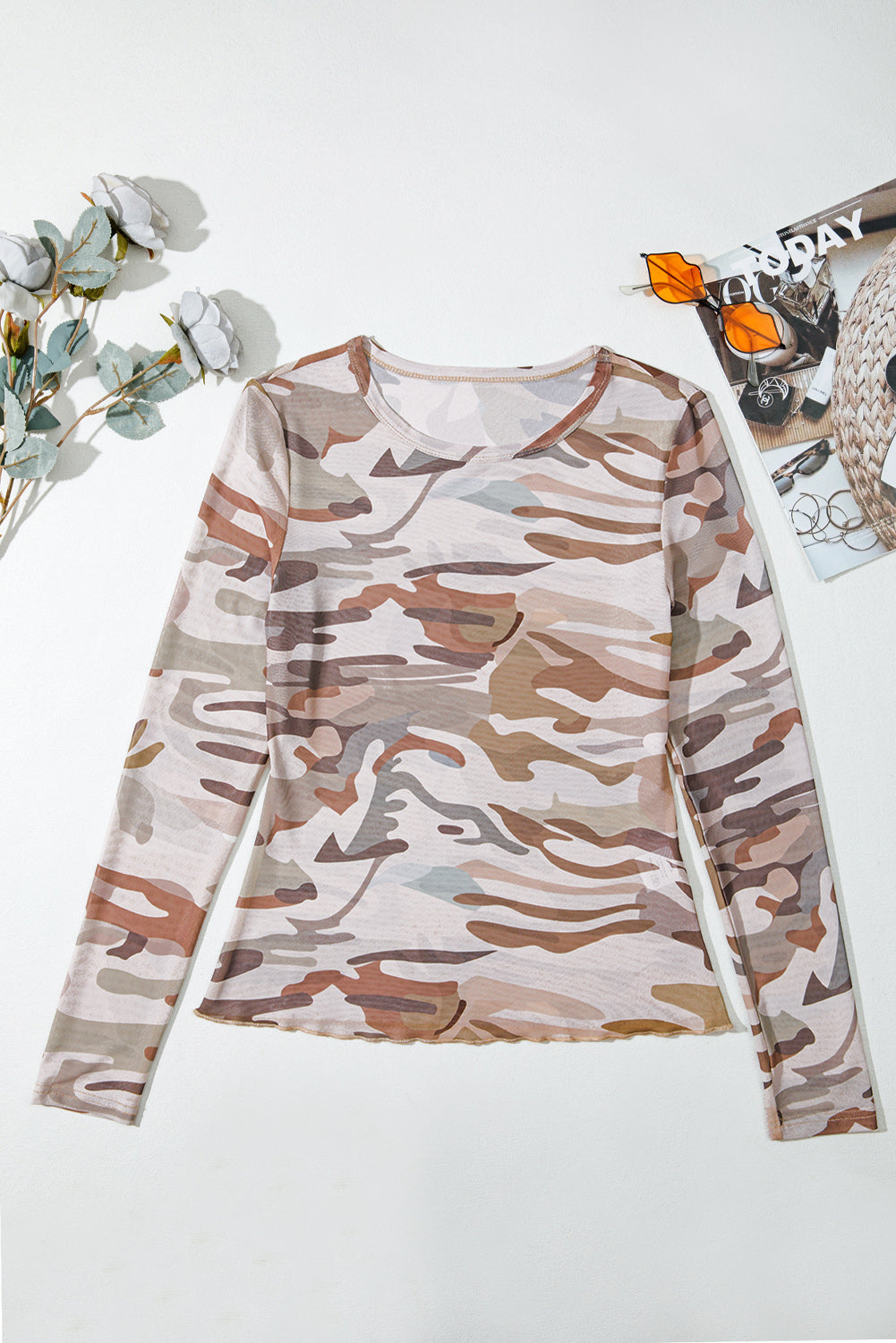 Camouflage Print Mesh Long Sleeve Top eAura