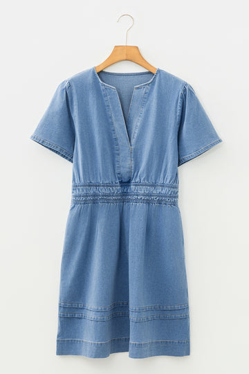 Elastic Waist Short Sleeve Denim Mini Dress